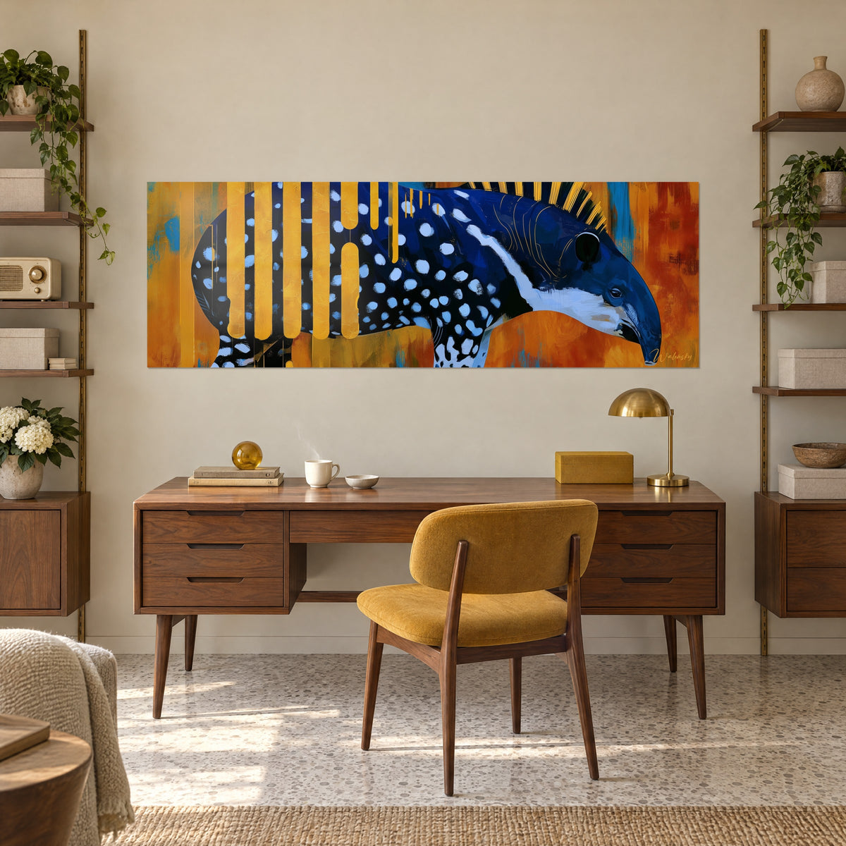 Gemälde Tapir mit weißen Flecken auf nachtblauem Fell, goldene Linien und bernsteinfarbener Hintergrund, gegenüber einem Holzschreibtisch und einem senfgelben Sessel