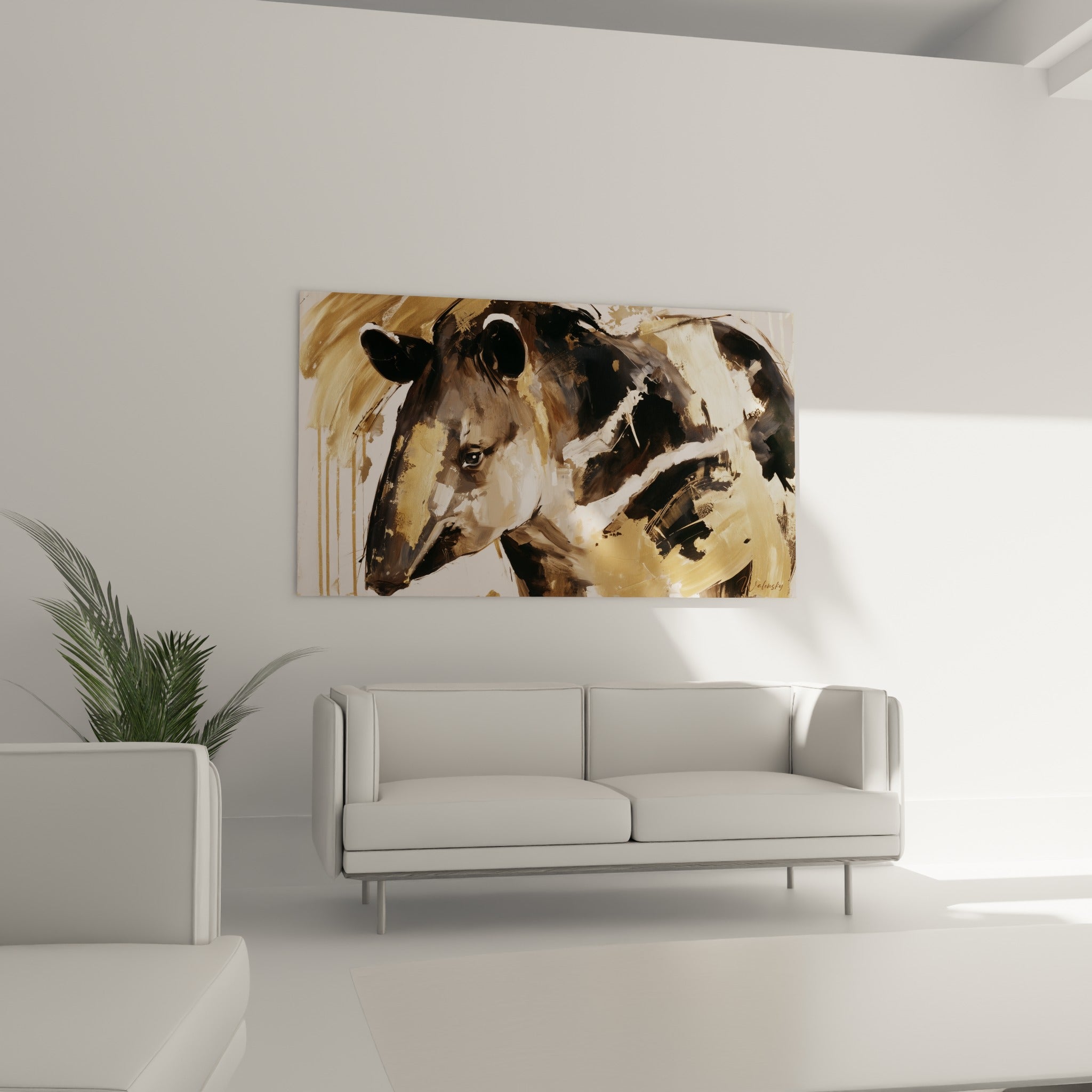 Museau de tapir aux tons beige et anthracite, coulures dorées, au-dessus d'un canapé dans un salon lumineux
