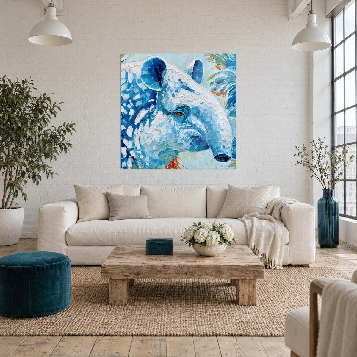 Cuadro tapir en azul y blanco con mirada ámbar, gruesas pinceladas de espátula, follaje turquesa, sobre un sofá en un salón luminoso