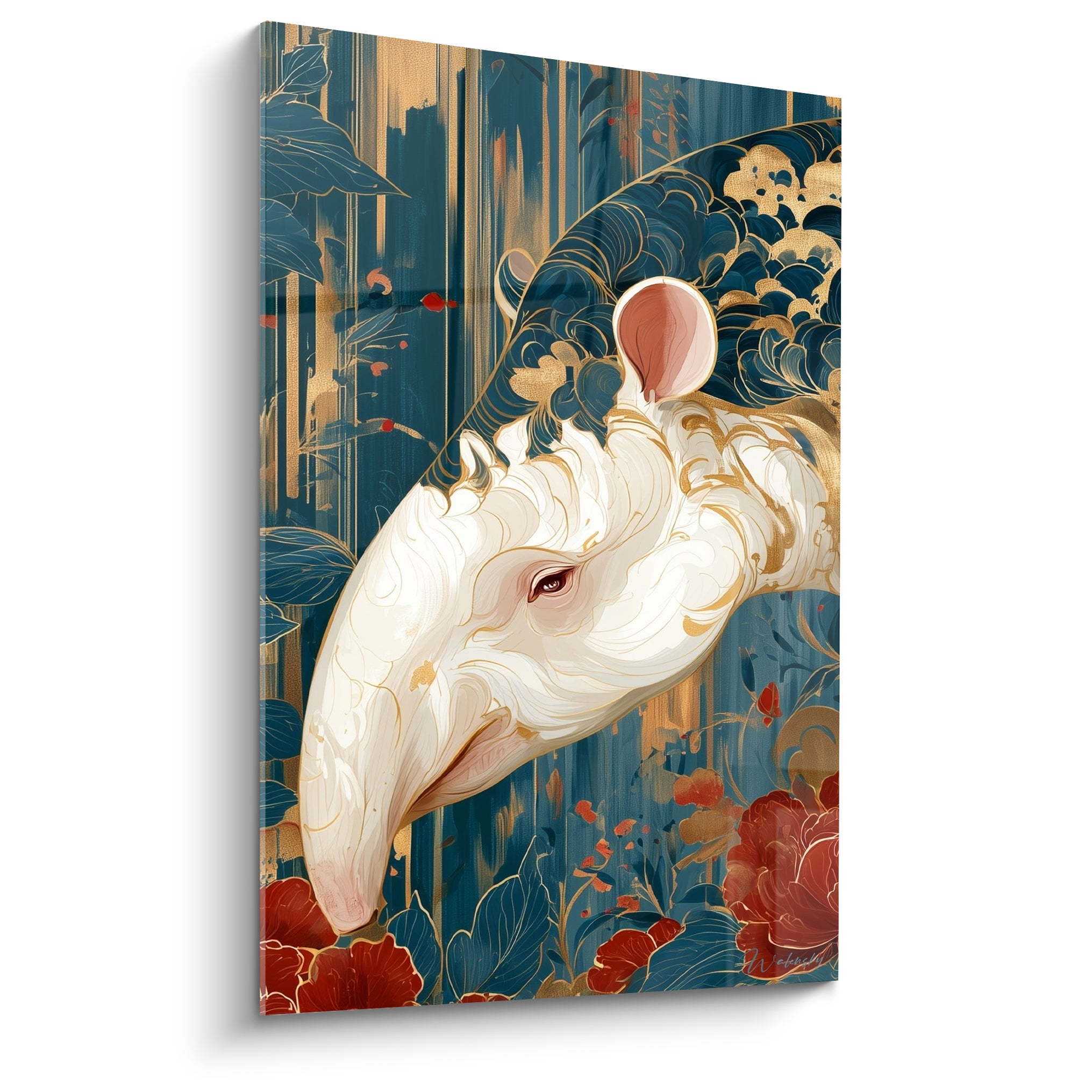 Tapir blanc aux traits dorés, fond bleu pétrole et fleurs rouge carmin japonisantes