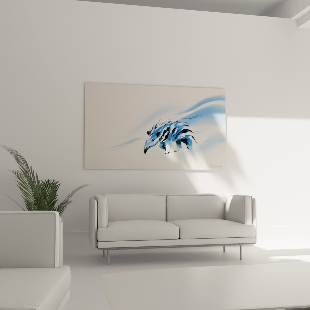 Mouvement fluide du tapir bleu marine et blanc au-dessus d'un canapé dans un salon lumineux