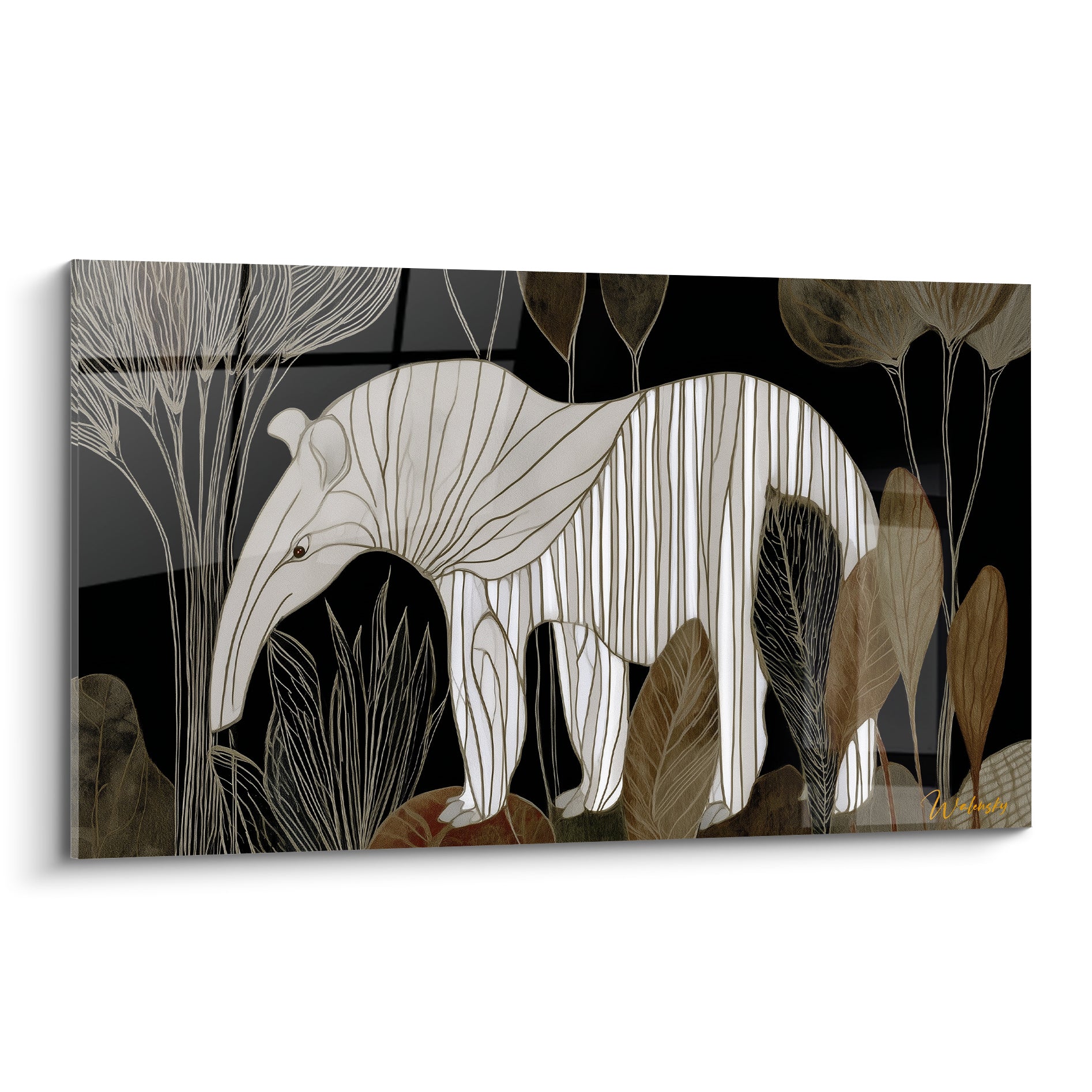 Tapir blanc à lignes fines traversant un feuillage brun et noir dense, style graphique épuré