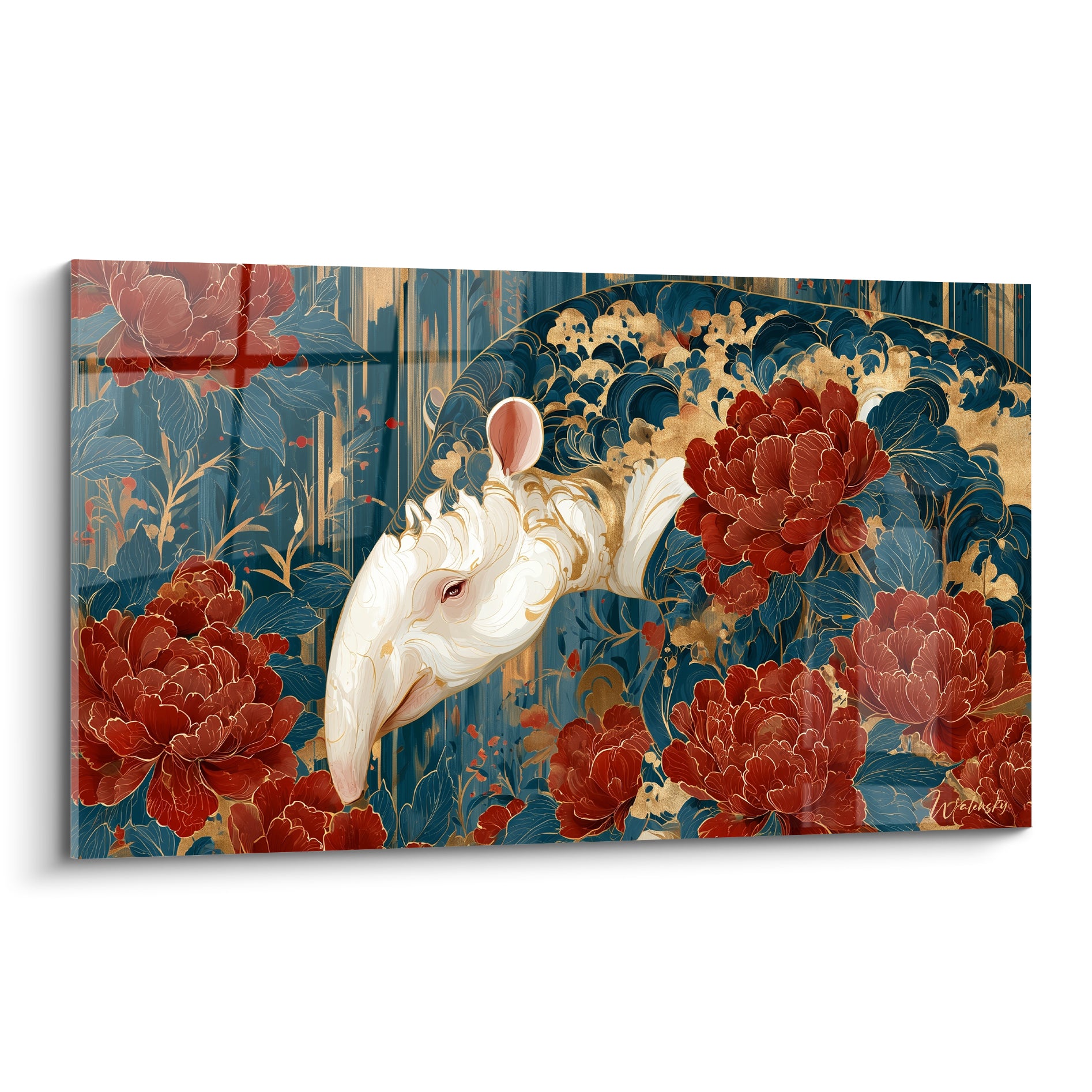 Tapir blanc au museau allongé, entouré de pivoines rouges sur fond bleu marine et doré