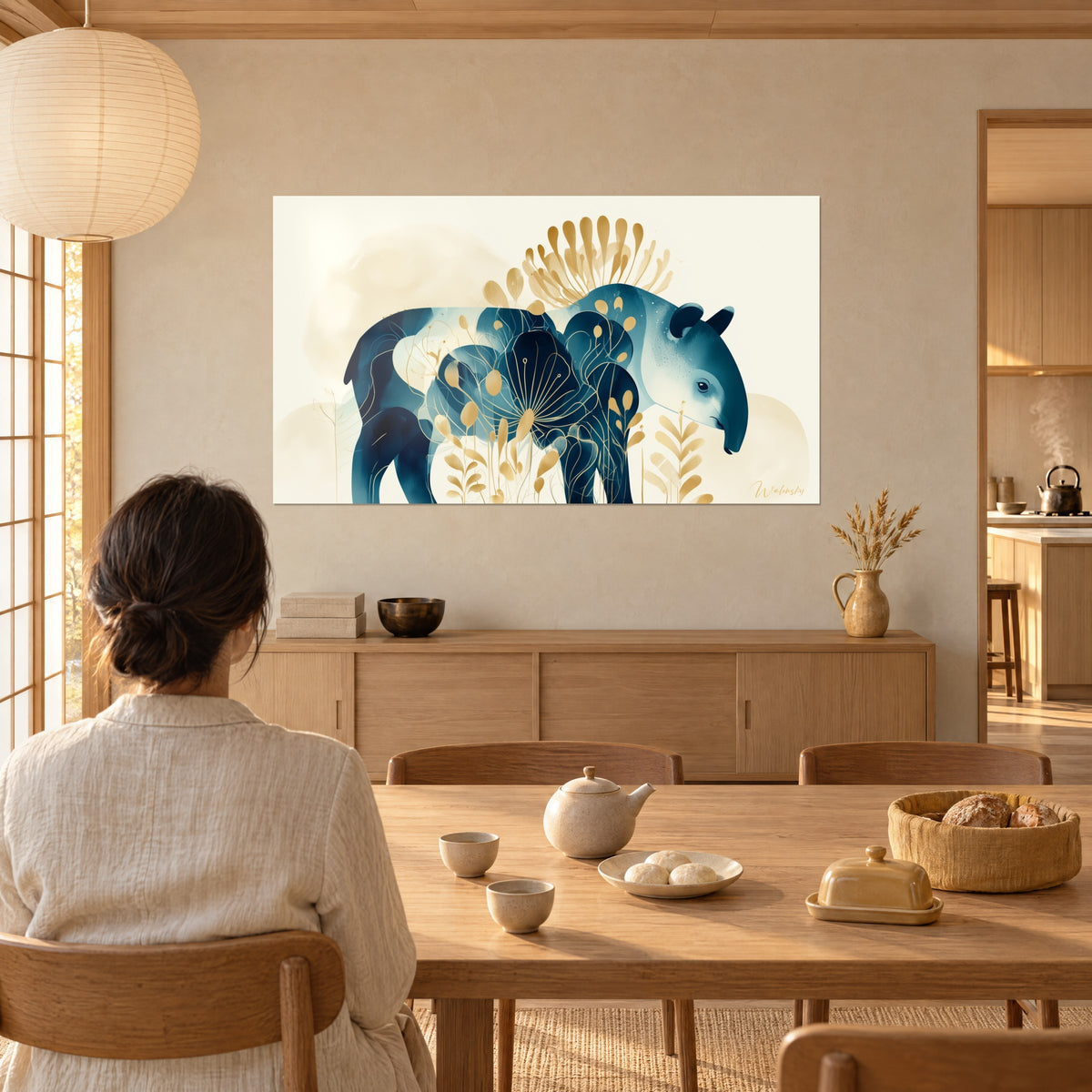 Tableau tapir stylisé en bleu marine, pétales et tiges dorés sur fond ivoire, contemplé de dos depuis une table à manger