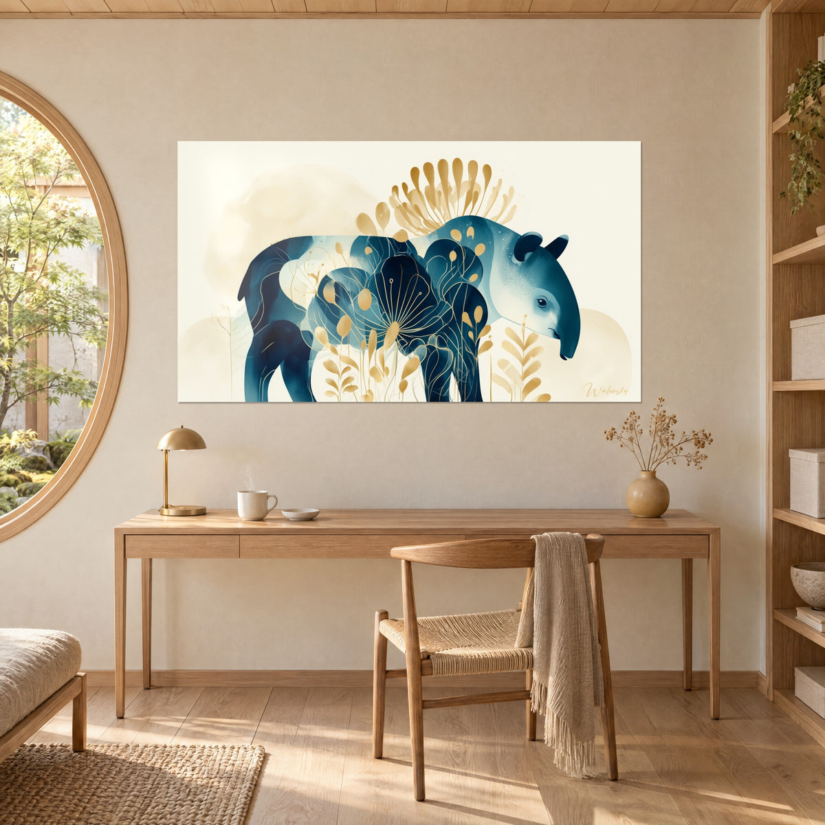 Tableau mammifère à museau bleu sarcelle entouré de feuilles d'or sur fond crème, accroché au-dessus d'un bureau en bois clair