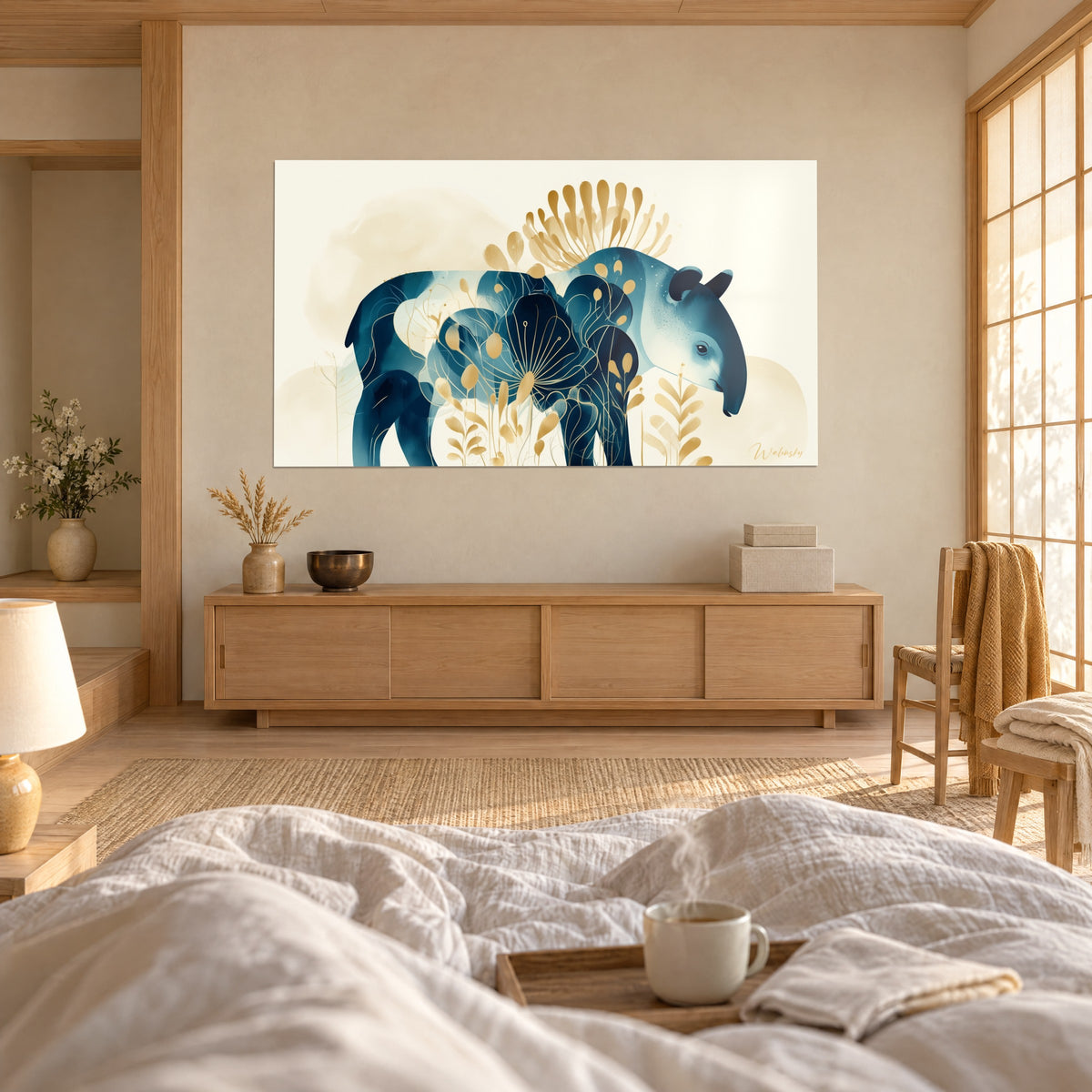 Tableau silhouette de tapir indigo ornée de feuillages ocre, deux personnes de dos, au-dessus d'un lit dans une chambre claire