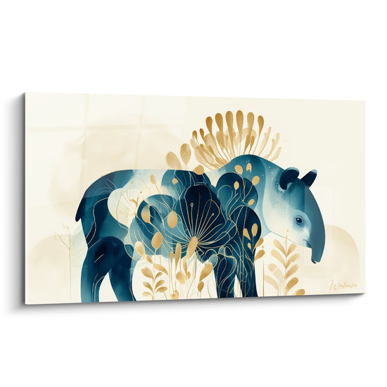 Tapir bleu marine et doré peint de profil, corps traversé de motifs floraux sur fond ivoire