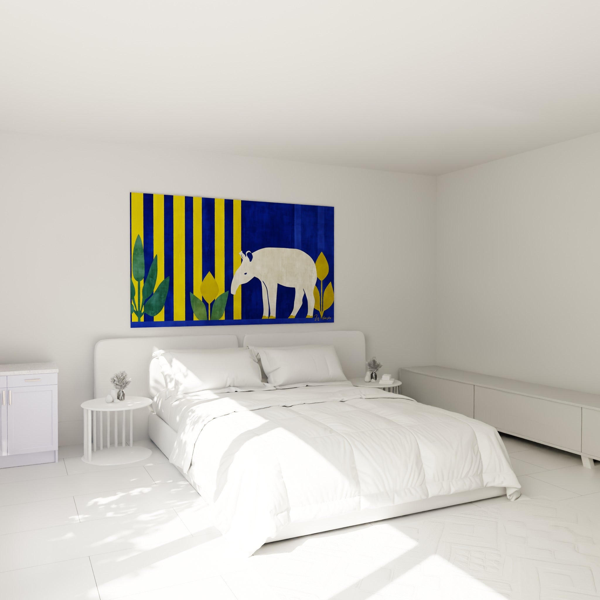 Silhouette de tapir crème sur fond bleu et jaune, accrochée au-dessus d'un lit dans une chambre claire