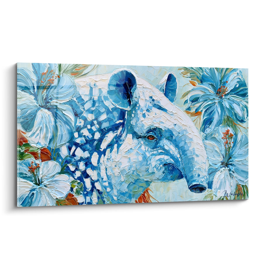 Tableau Tapir bleu et blanc entouré d'hibiscus - Éveil tropical - Edition Tapir