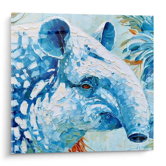 Tapir en gros plan, empâtements bleu marine et blanc, œil fauve perçant la matière peinte