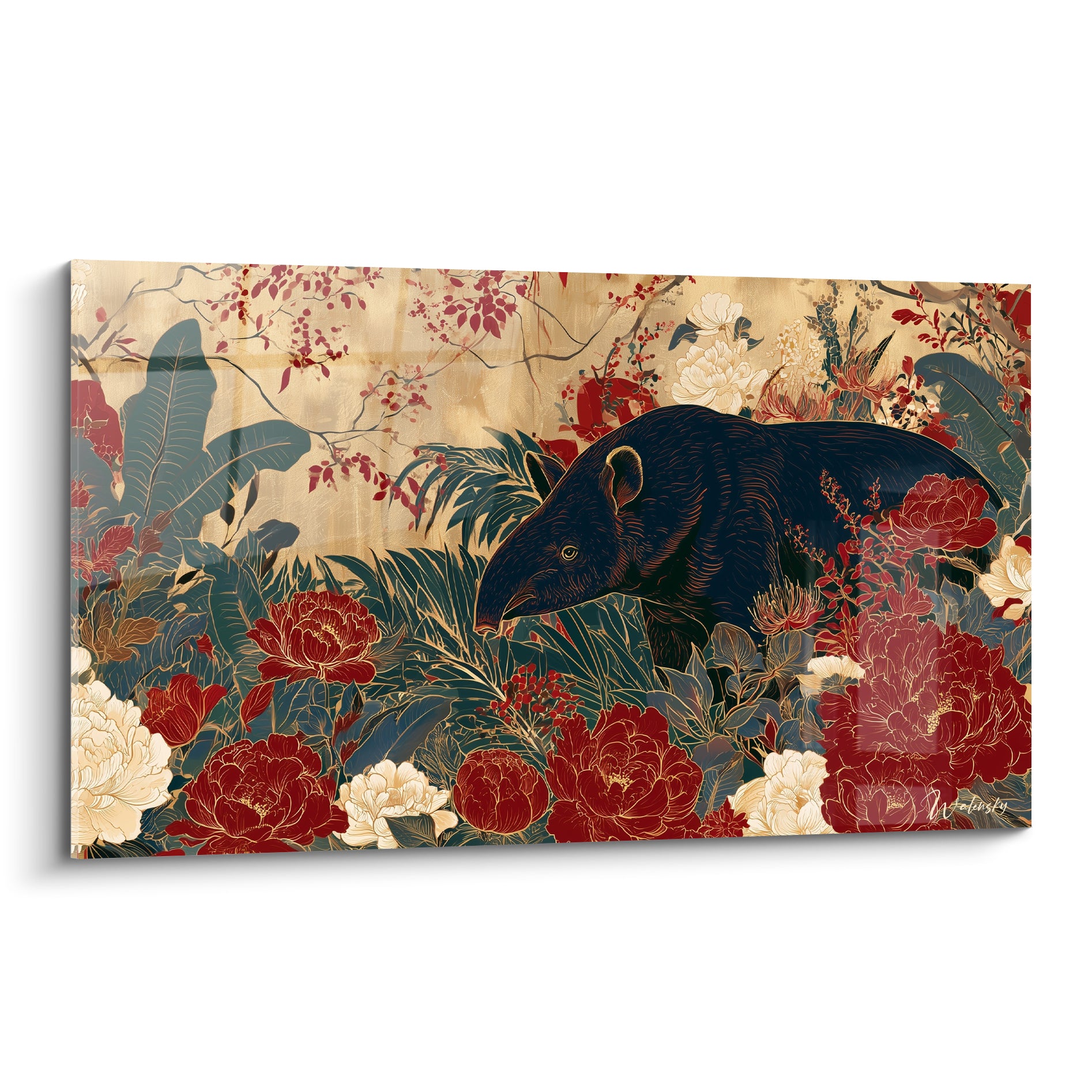 Tapir bleu marine traversant des pivoines rouges et crème sur fond doré japonisant
