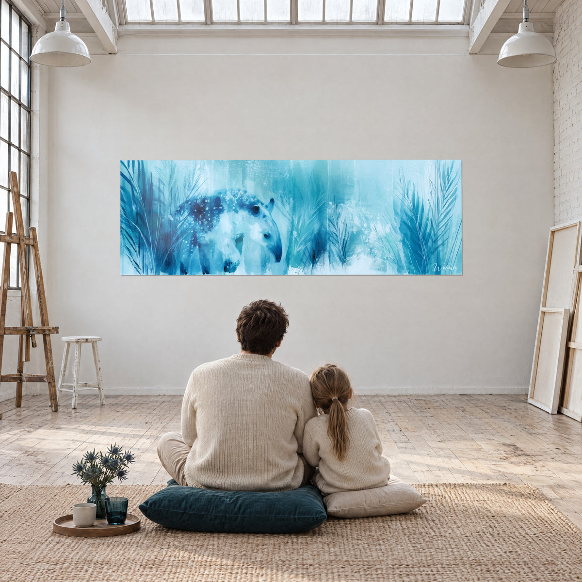 Tableau tapir ivoire et bleu marine dans la brume tropicale, un adulte et une fillette de dos, coussin pétrole, loft vide