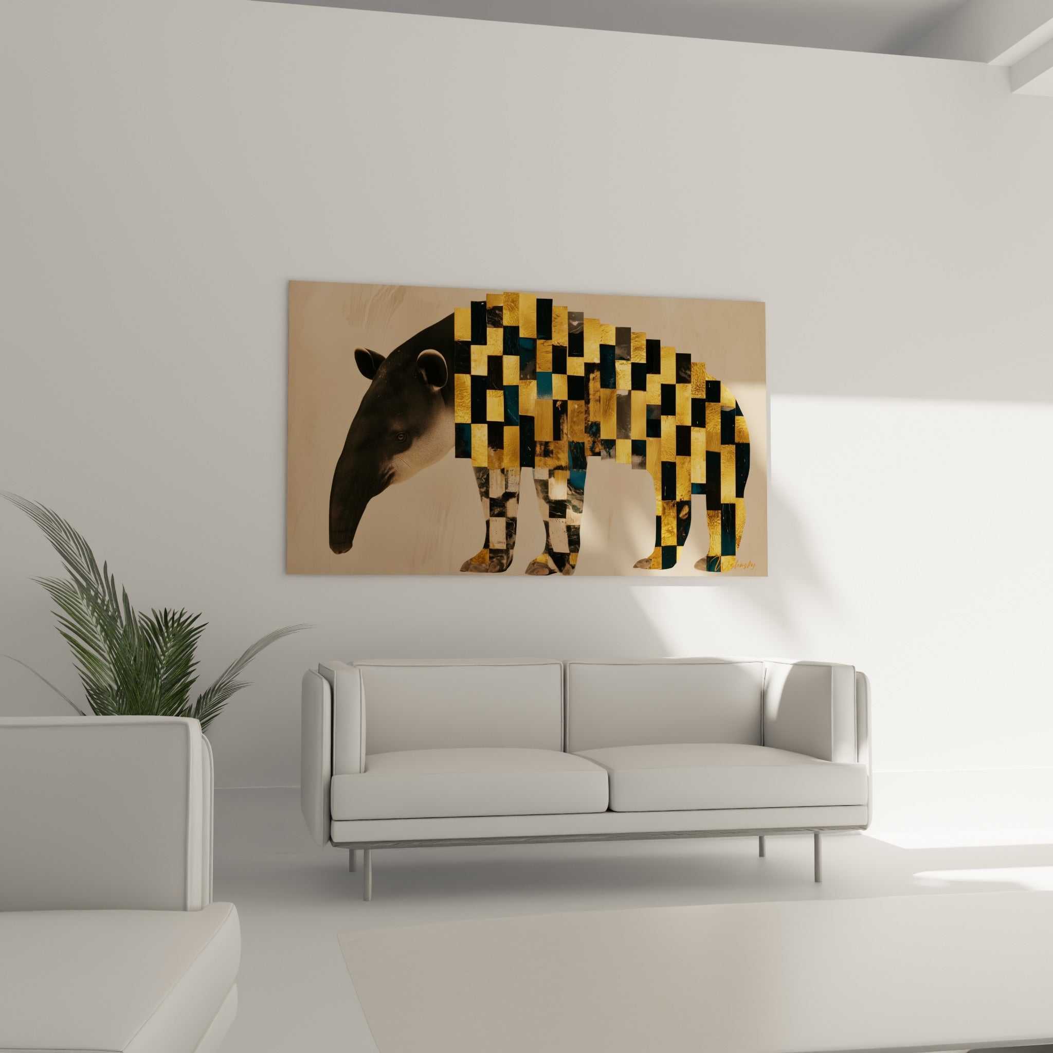 Silhouette de tapir aux tons beige et or, corps fragmenté en carreaux bleu marine, au-dessus d'un canapé dans un salon lumineux