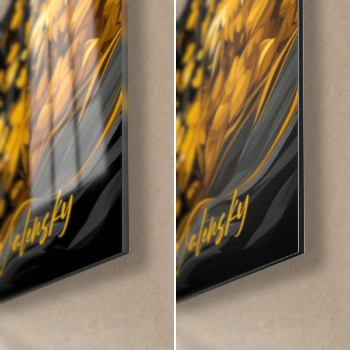 Schilderij zwarte tapir, rechteronderhoek: glanzend acrylglas links, mat grijs Dibond-aluminium rechts, gouden handtekening en rand van 3 mm