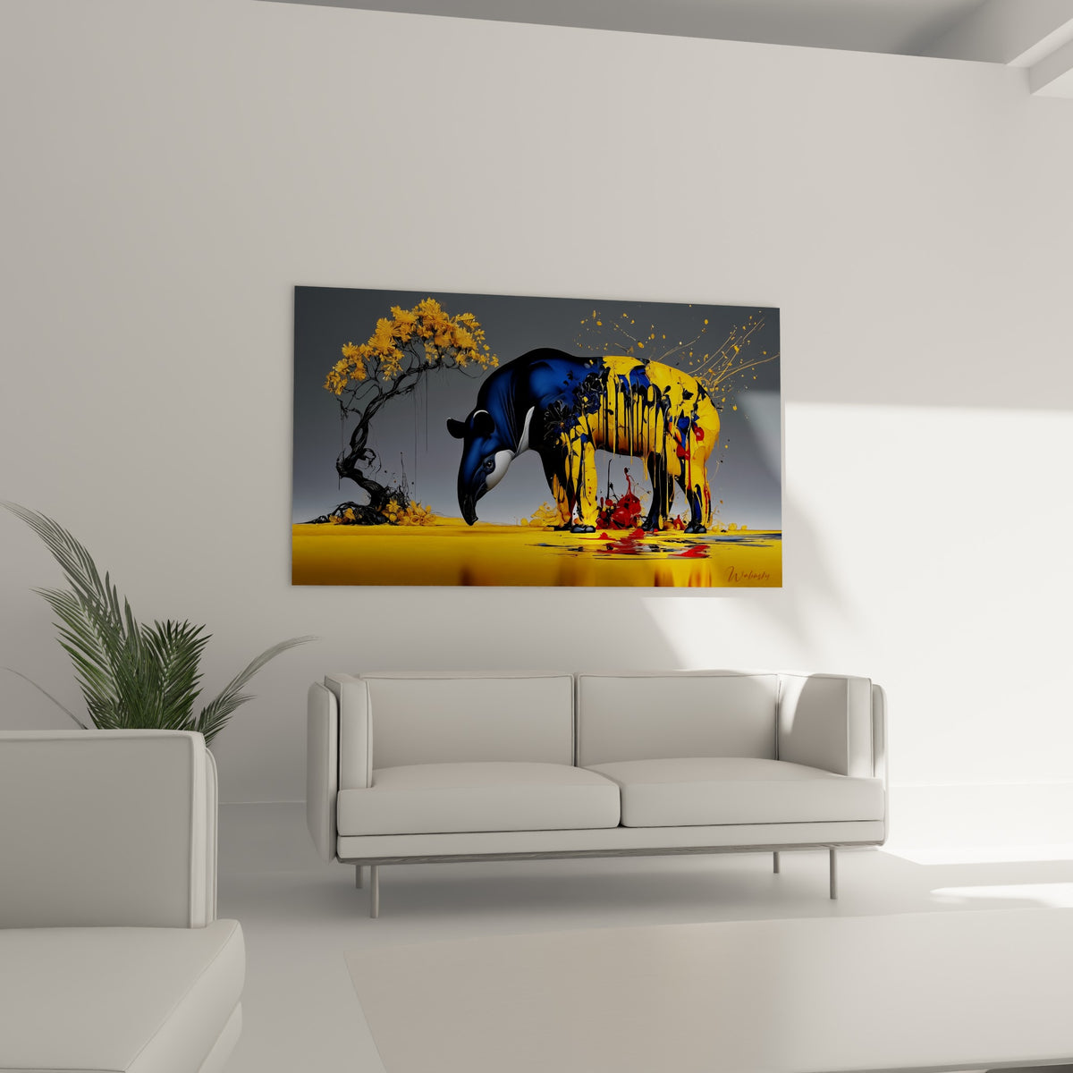 Animal mi-figuratif mi-abstrait aux teintes dorées et anthracite, au-dessus d'un canapé dans un salon lumineux