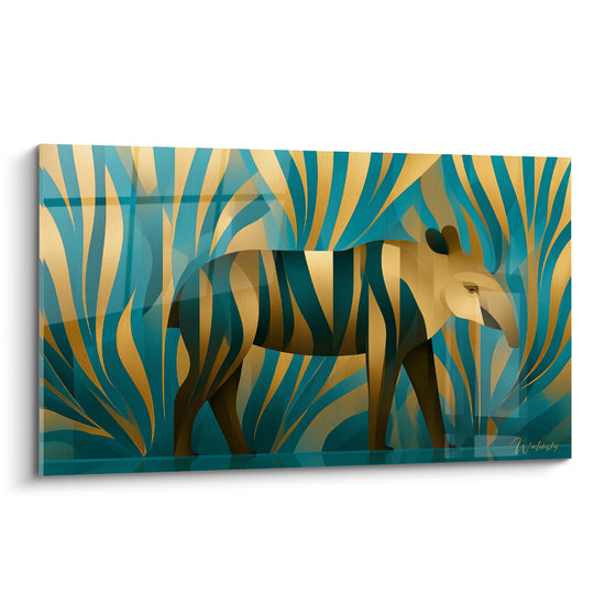Tapir doré de profil se fondant dans des rayures bleu sarcelle et ocre stylisées