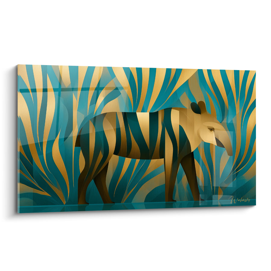Tableau Tapir sarcelle et doré parmi les palmes stylisées - Camouflage végétal doré - Edition Tapir