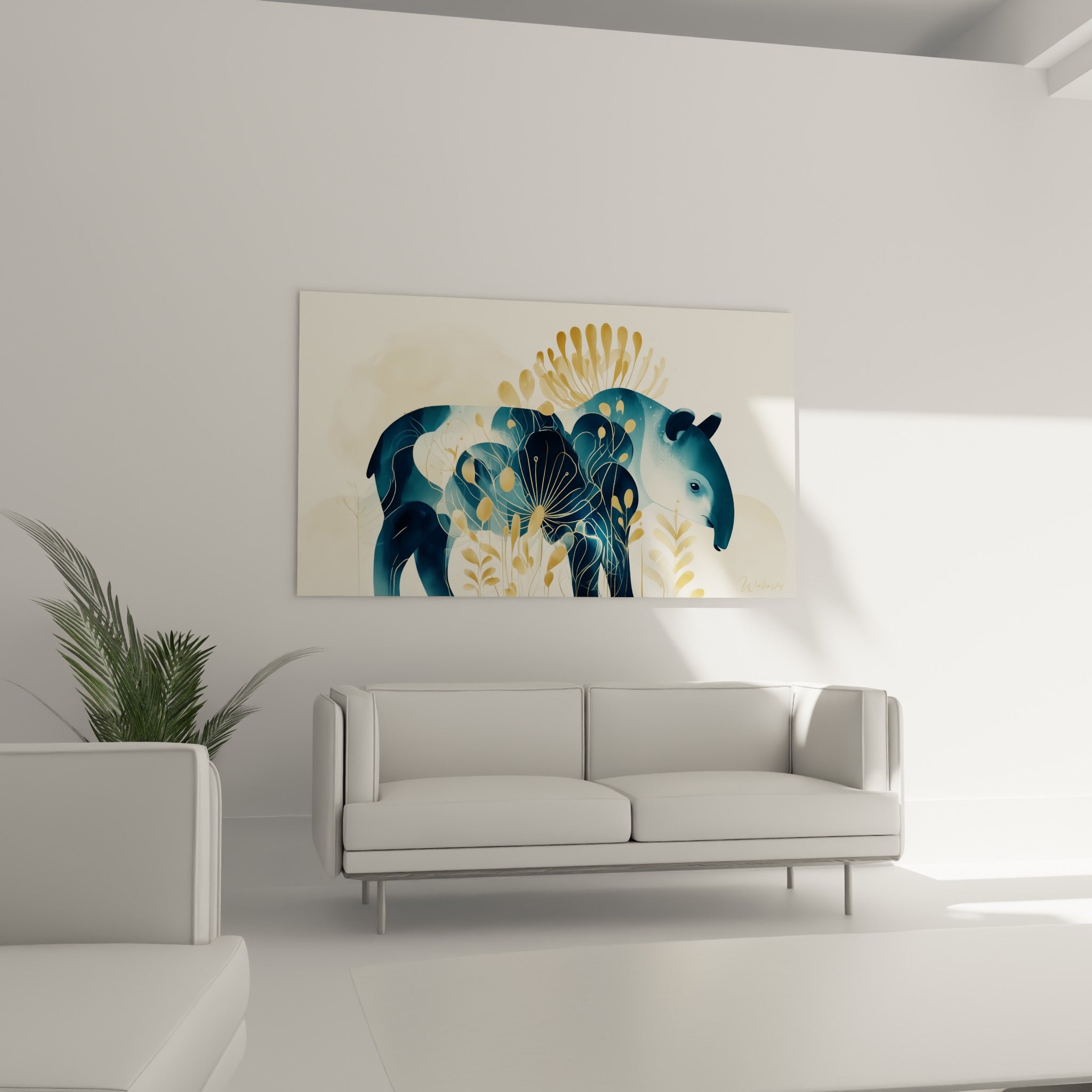 Motifs végétaux dorés sur tapir bleu marine suspendus au-dessus d'un canapé dans un salon lumineux