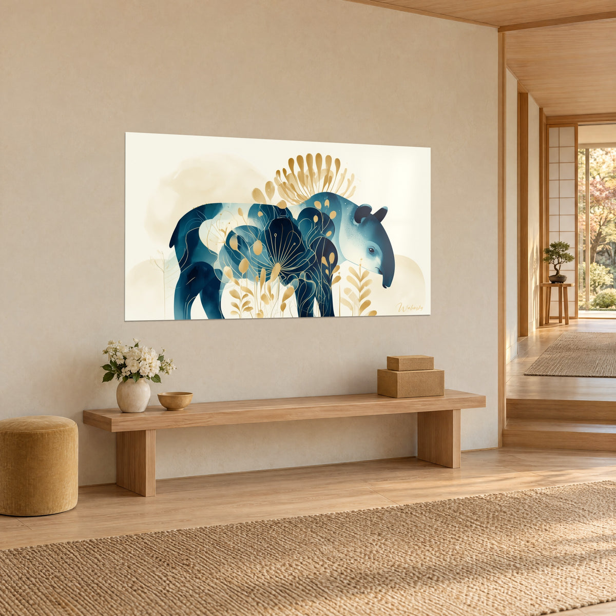 Tableau animal en aplats bleu pétrole et doré mêlé de fleurs et de plumes, vue de trois-quarts sur un mur crème