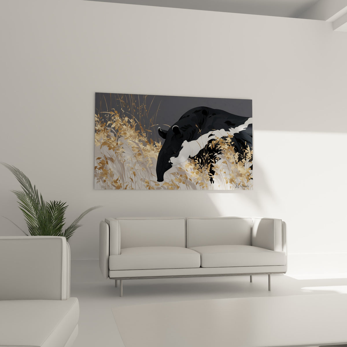 Tête de tapir noir plongée dans les herbes dorées, au-dessus d'un canapé dans un salon lumineux