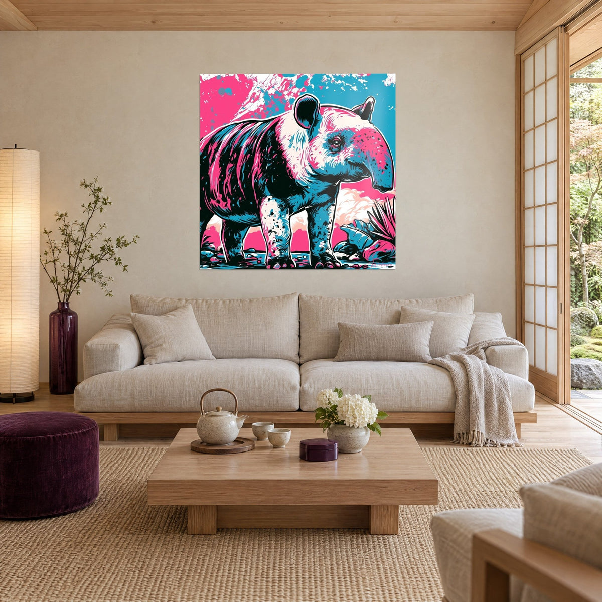 Cuadro tapir malayo en rosa y azul turquesa con salpicaduras negras, colgado sobre un sofá en un salón luminoso