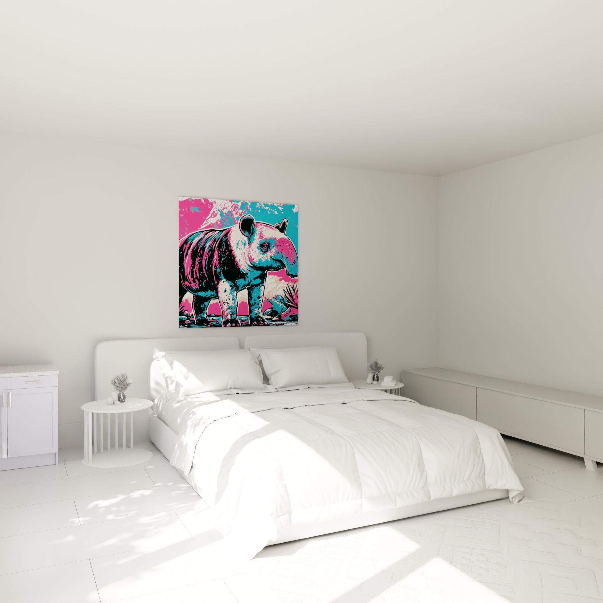 Silhouette de tapir rose et bleu turquoise aux traits noirs marqués, accrochée au-dessus d'un lit dans une chambre claire