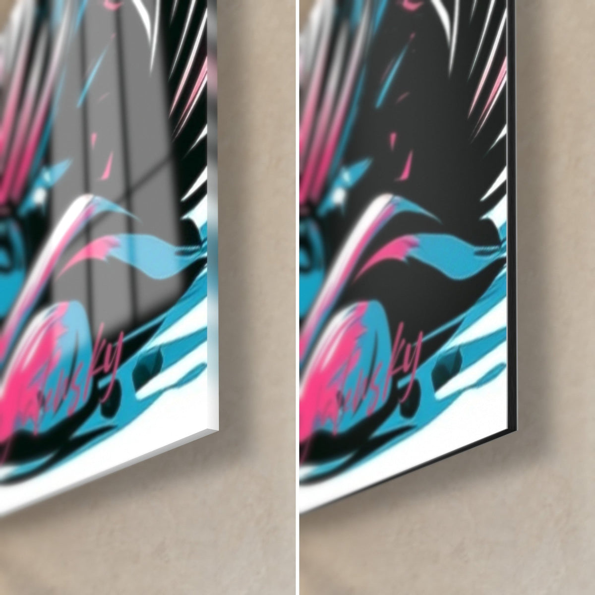 Cuadro de tapir rosa y azul, esquina inferior derecha: follaje negro y fucsia, cristal brillante a la izquierda, Dibond mate a la derecha, grosor de 3 mm