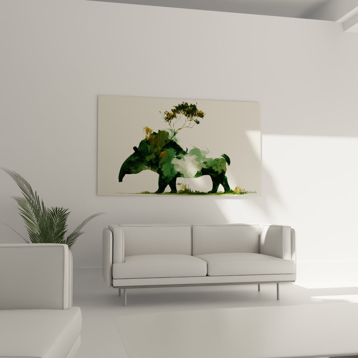 Animal peint en vert émeraude et ocre doré au-dessus d'un canapé dans un salon lumineux