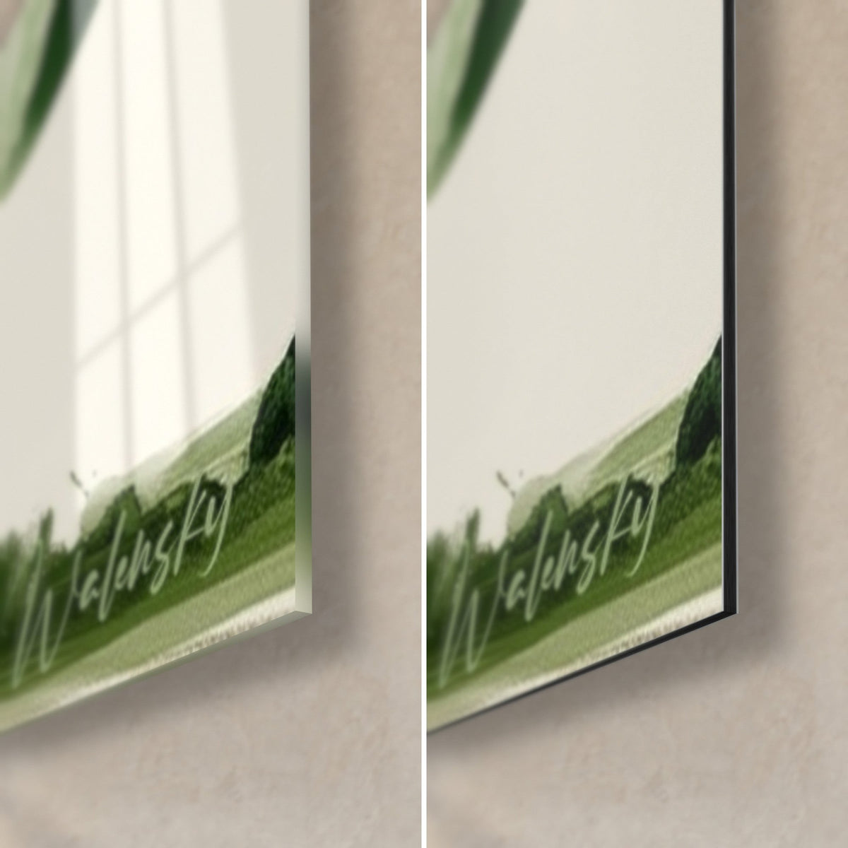 Schilderij tapir in groene en okerkleurige penseelstreken, rechtsonder: glanzend glas dat het raam weerspiegelt, mat Dibond, 3 mm rand