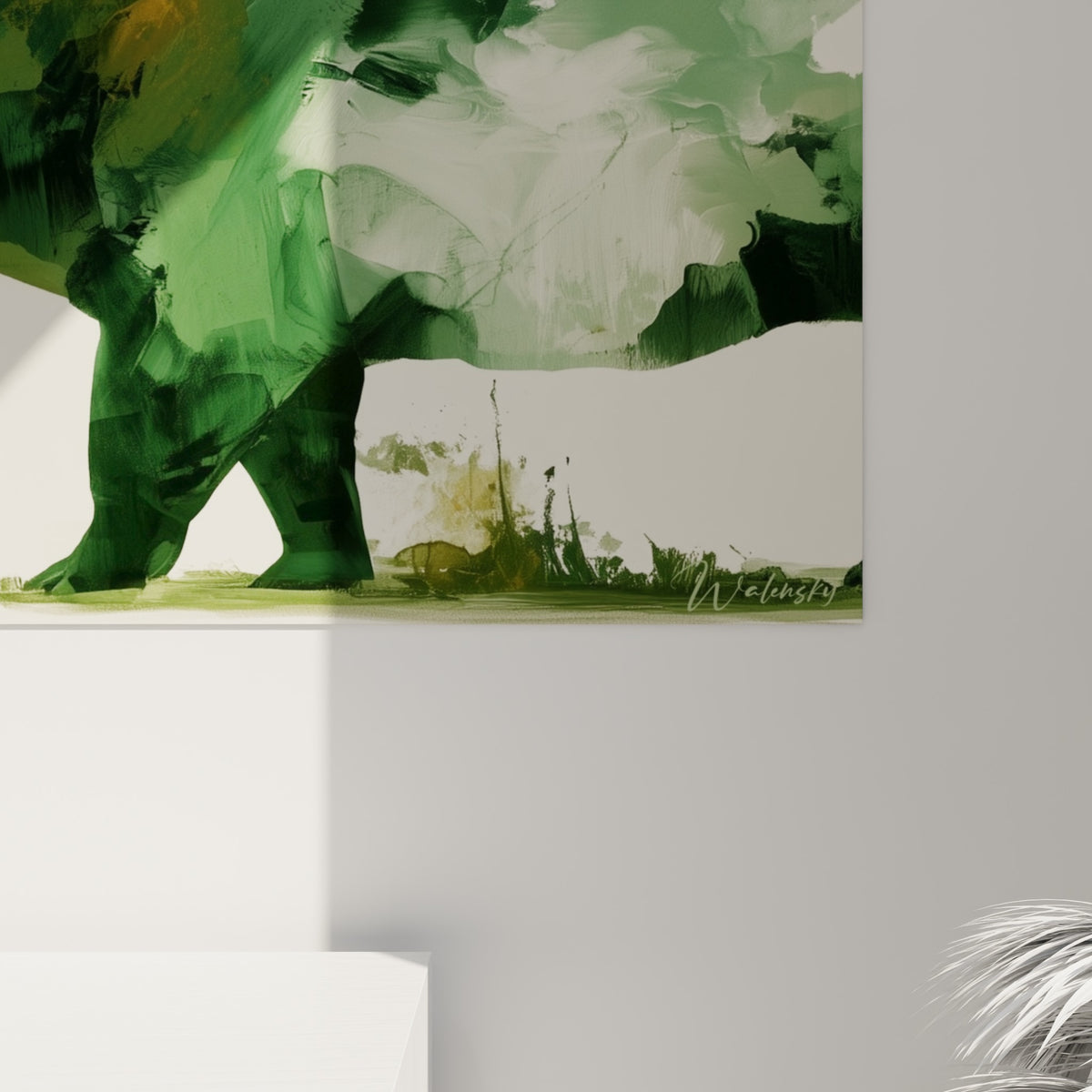 Empâtements verts et coulures dorées se mêlant sur la toile, grain pictural du feuillage du tapir