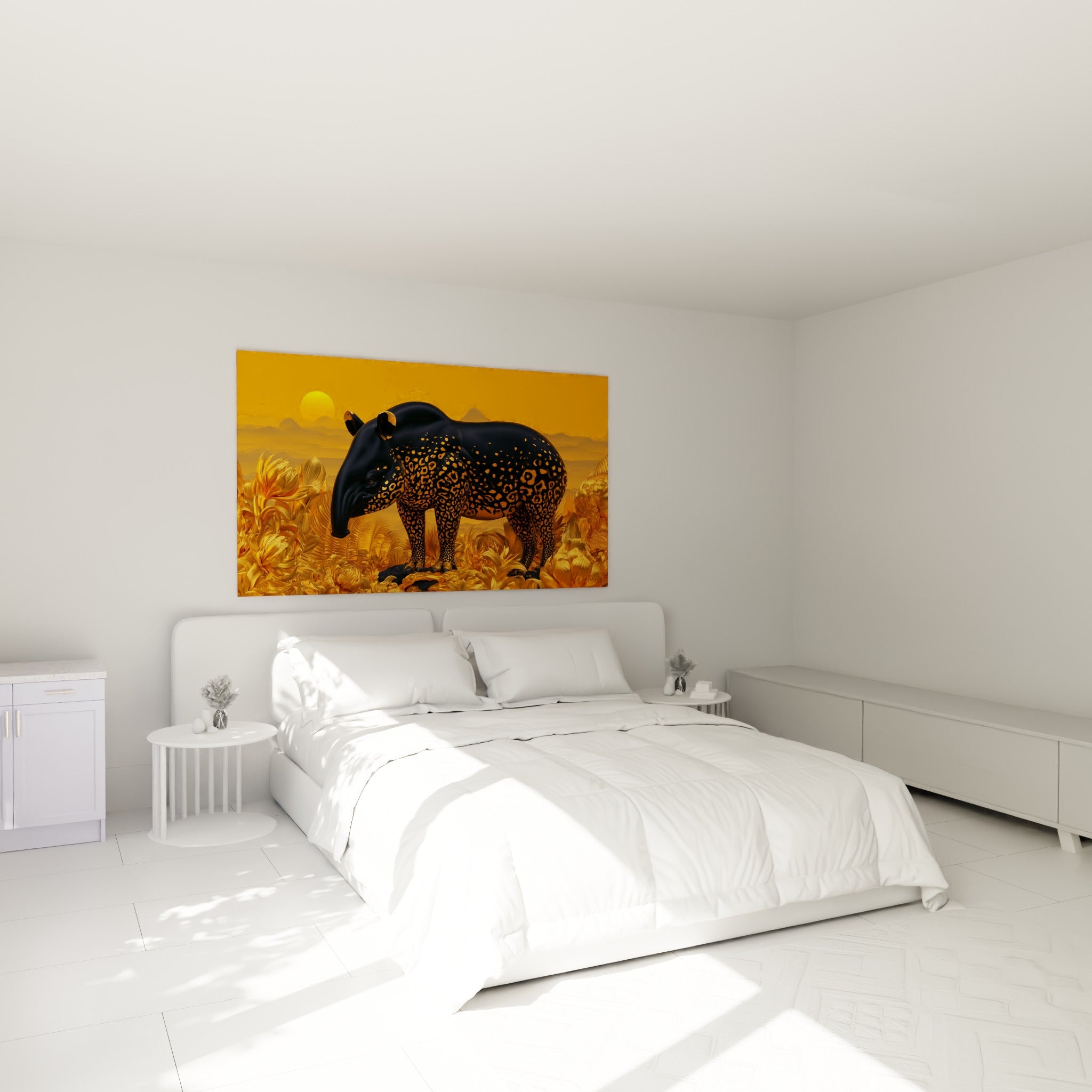 Silhouette léopardée d'un tapir doré accrochée au-dessus d'un lit dans une chambre claire