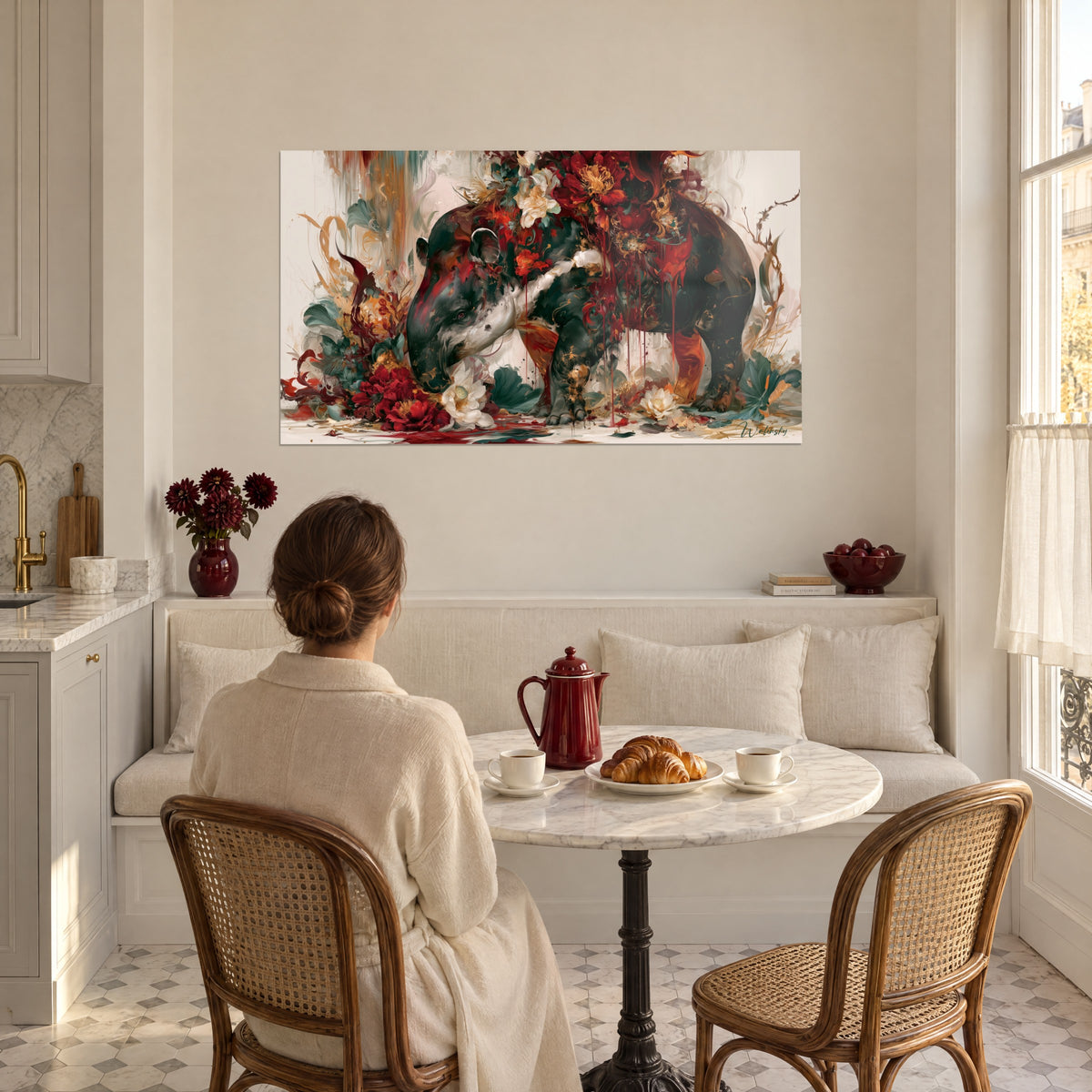 Tableau mammifère sauvage aux pivoines bordeaux et dorées, coulures écarlates, face à une femme de dos attablée dans une cuisine blanche