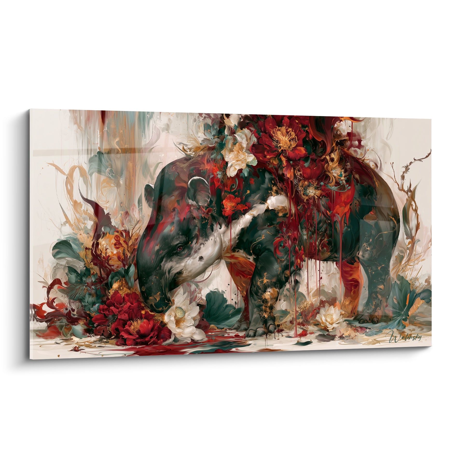 Tapir anthracite recouvert de fleurs rouges et blanches, silhouette figée dans un décor ivoire