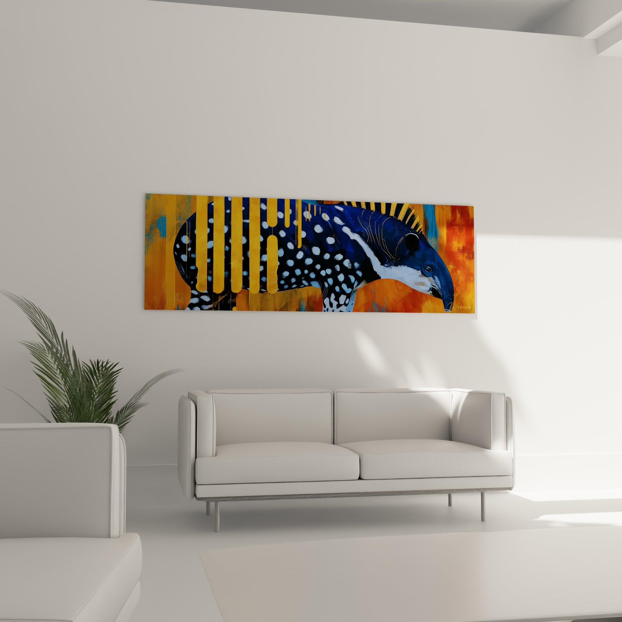 Tapir massif aux taches blanches et bandes dorées, fond terracotta, au-dessus d'un canapé dans un salon lumineux