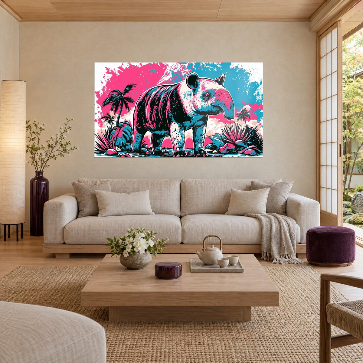 Cuadro de tapir rosa y azul entre palmeras y agaves, salpicaduras fucsia y turquesa, colgado encima de un sofá en un salón luminoso
