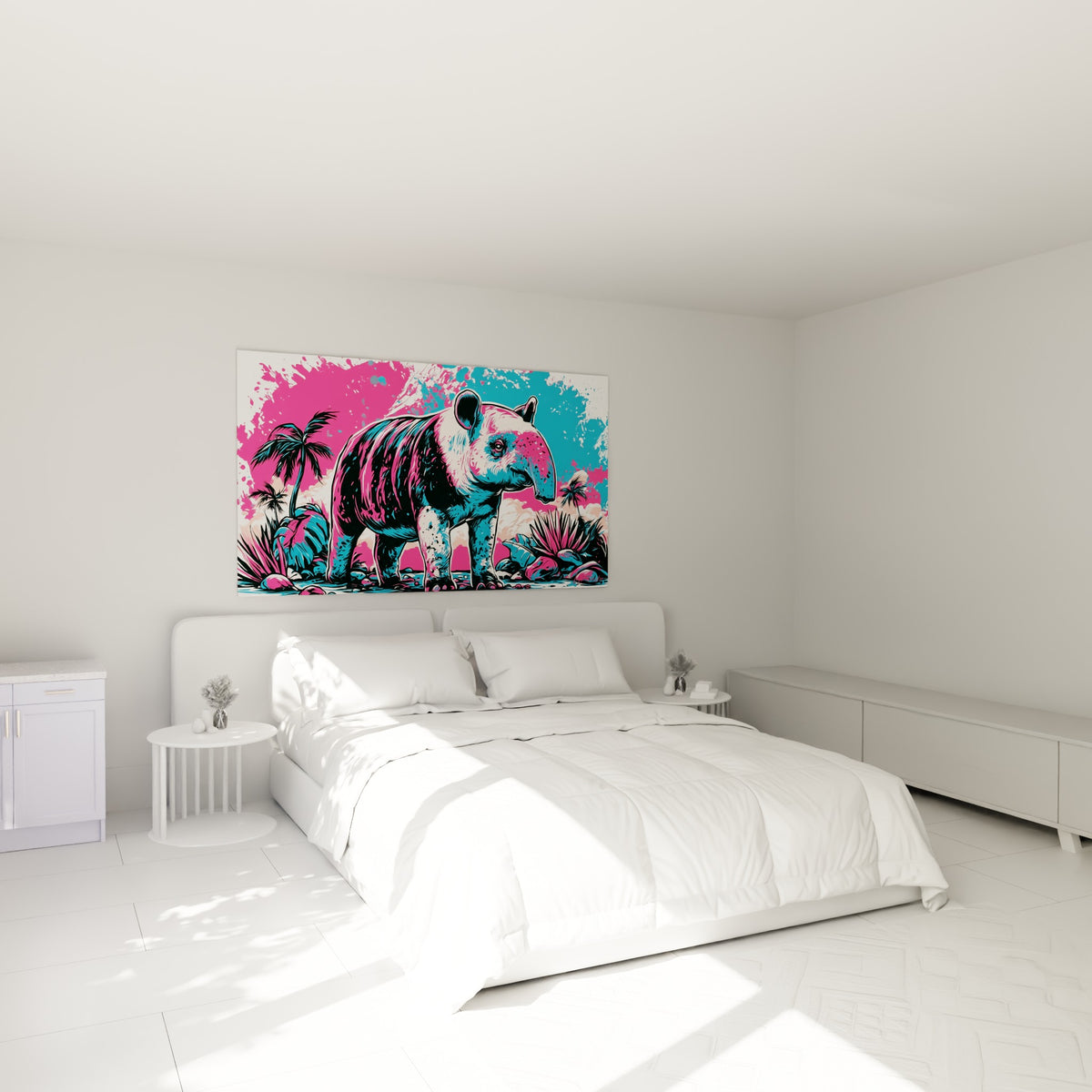 Silhouette animale rose et bleu turquoise accrochée au-dessus d'un lit dans une chambre claire