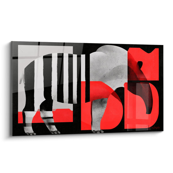 Tapir gris et rouge découpé en blocs géométriques sur fond noir, style graphique pop art.