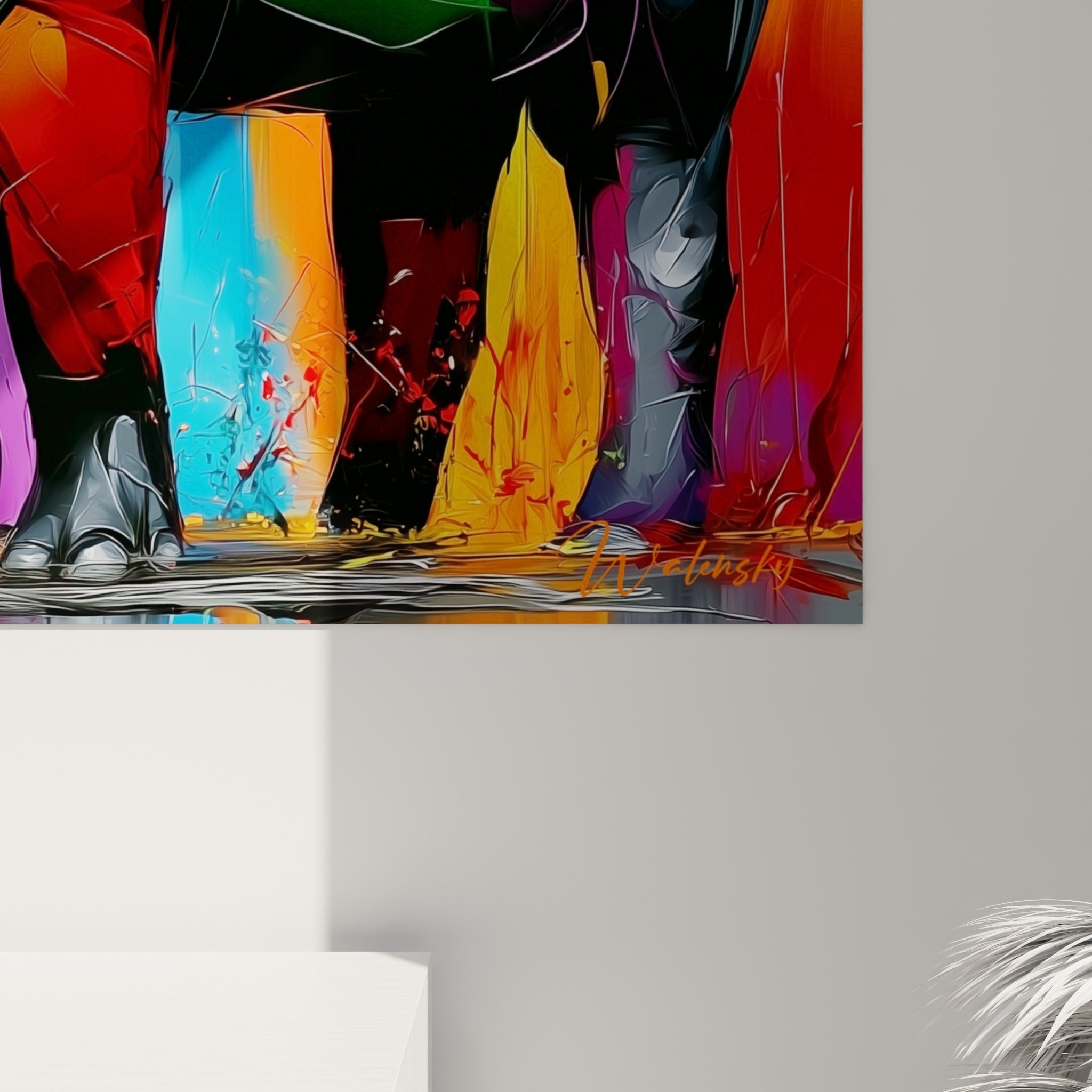 Empâtements colorés du tableau tapir, jaune et rouge se touchant sur la trompe grise texturée