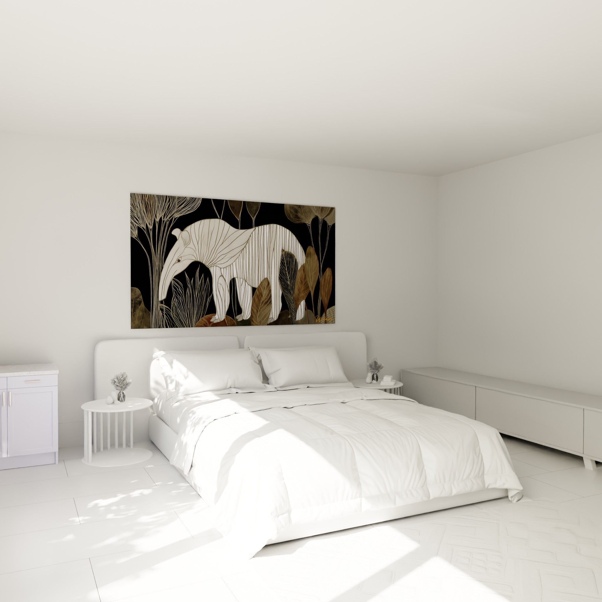 Silhouette du tapir ivoire parmi feuilles ocre, accrochée au-dessus d'un lit dans une chambre claire