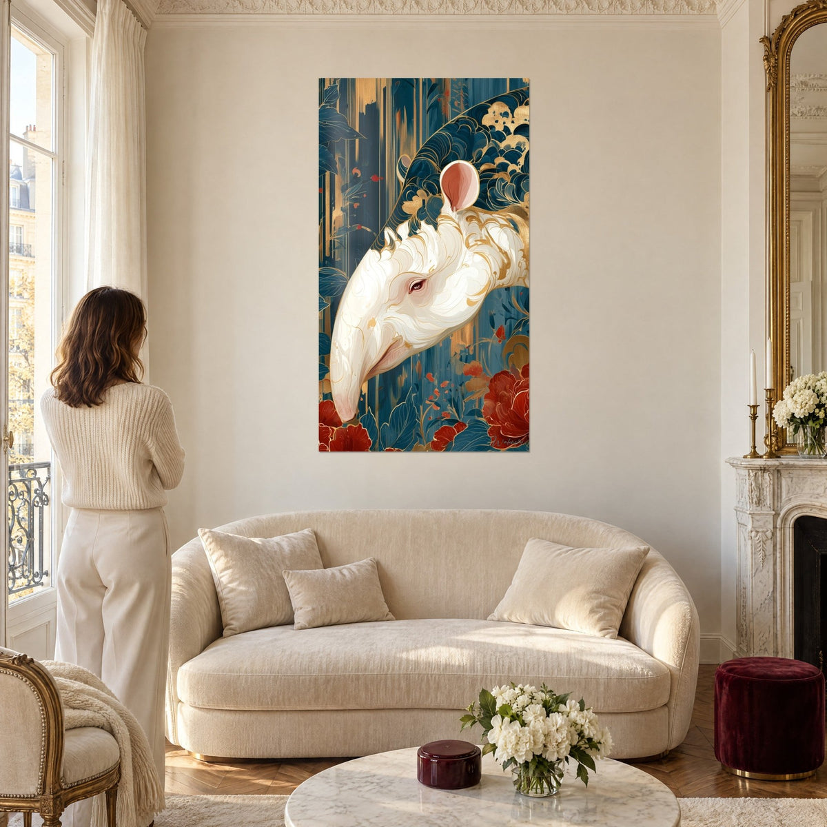 Gemälde weißer Tapir mit elfenbeinfarbenem, leicht geneigtem Rüssel, rote Blüten und petrolblauer Hintergrund, über einem Sofa in einem hellen Wohnzimmer