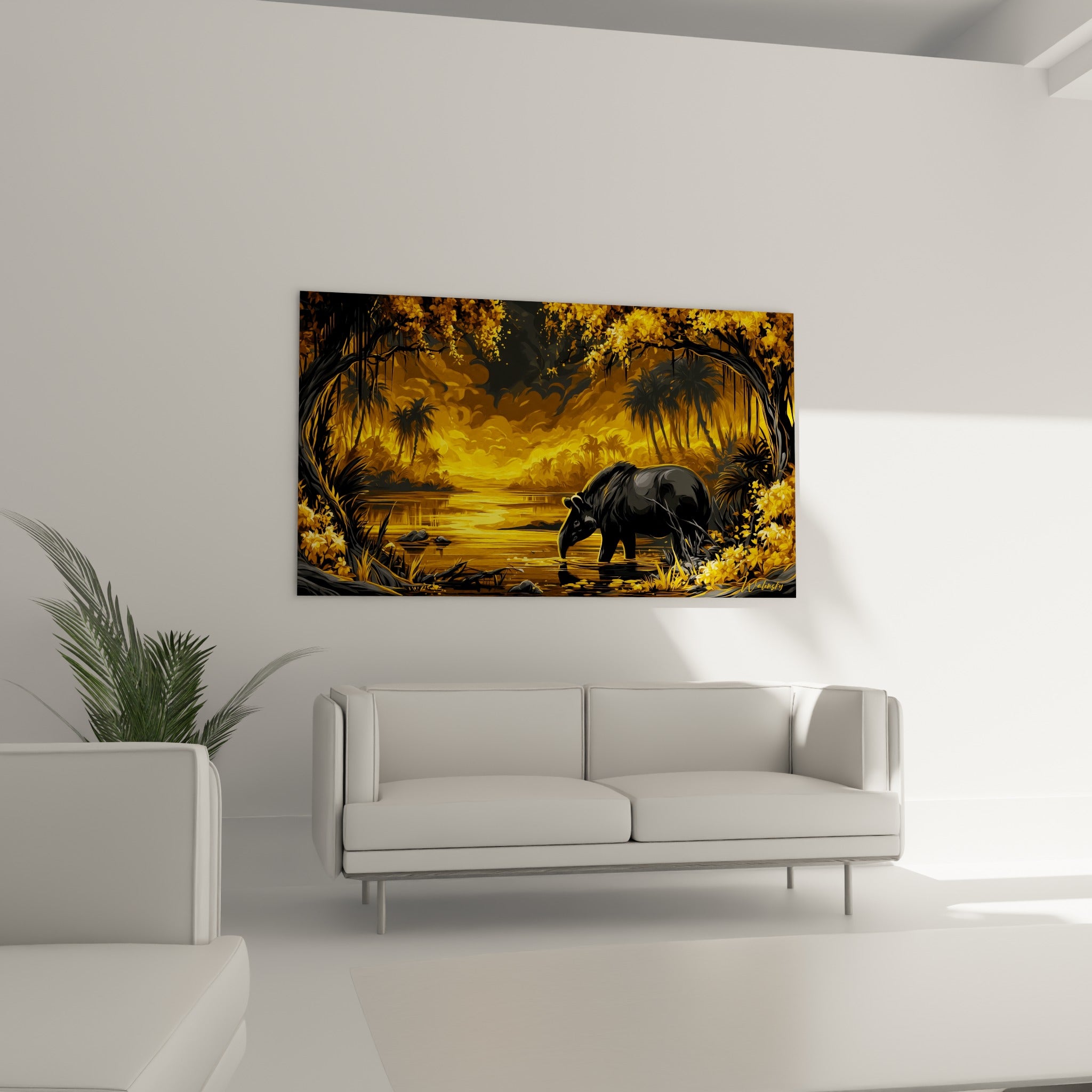 Scène de tapir dans une jungle ocre et noire, disposée au-dessus d'un canapé dans un salon lumineux.