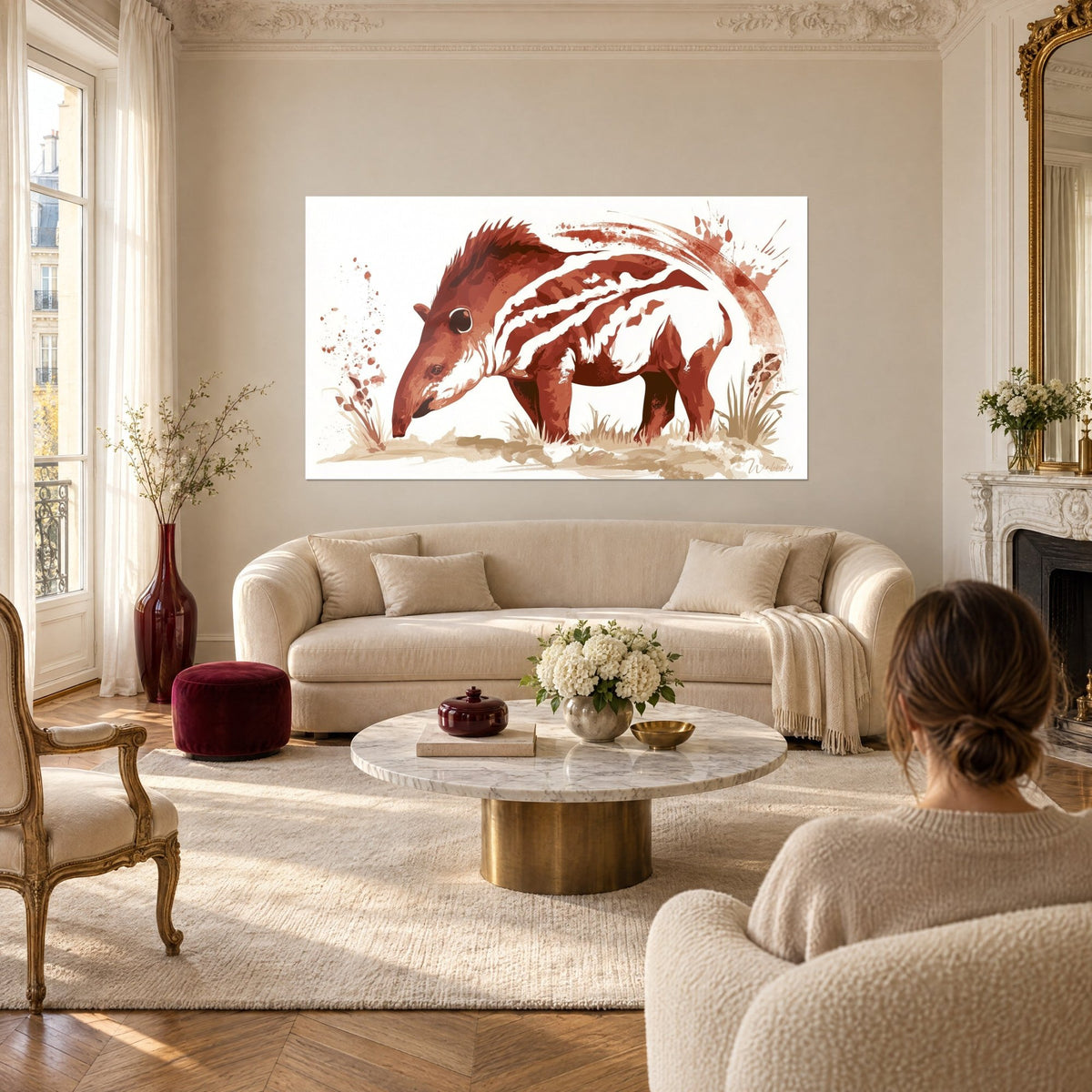 Wall art young tapir rummaging through the grass, rust-red coat with white stripes and rust splatters, above a sofa in a bright living room