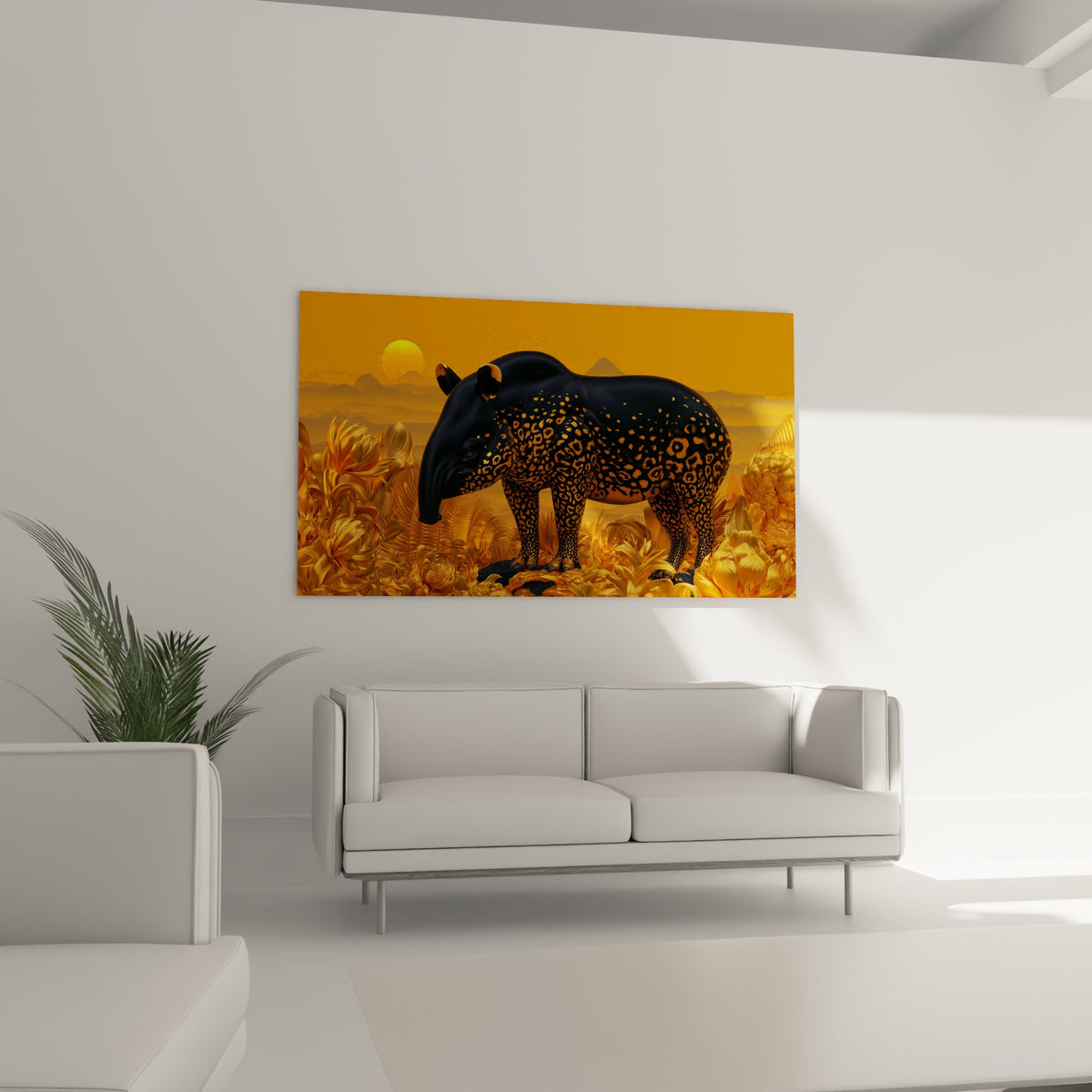 Robe noire tachetée d'or du tapir suspendue au-dessus d'un canapé dans un salon lumineux