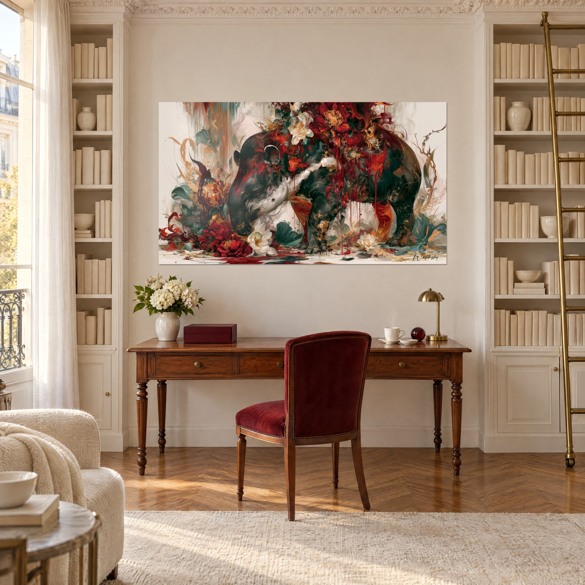 Tableau tapir à robe noire et blanche parmi lotus crème et fleurs rouges, au-dessus d'un bureau en bois et de rayonnages de livres