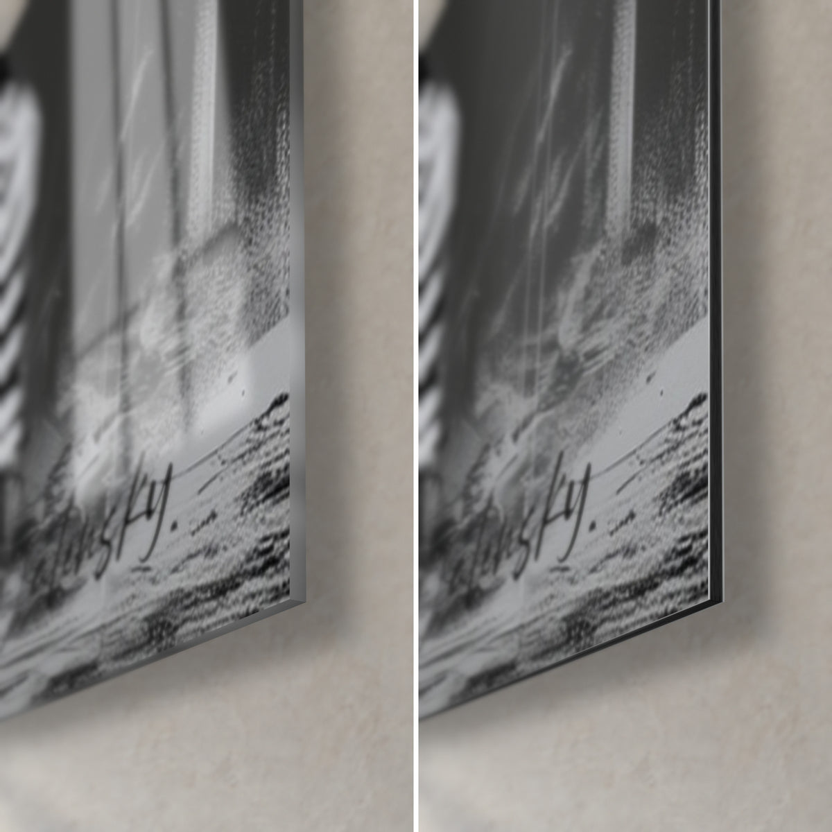 Tableau tapir noir et blanc, coin bas droit : verre acrylique brillant à gauche, alu Dibond mat gris à droite, tranche de 3 mm et signature