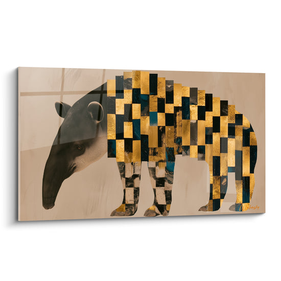 Tapir gris et doré, tête réaliste, corps en mosaïque bleu marine et carreaux métalliques