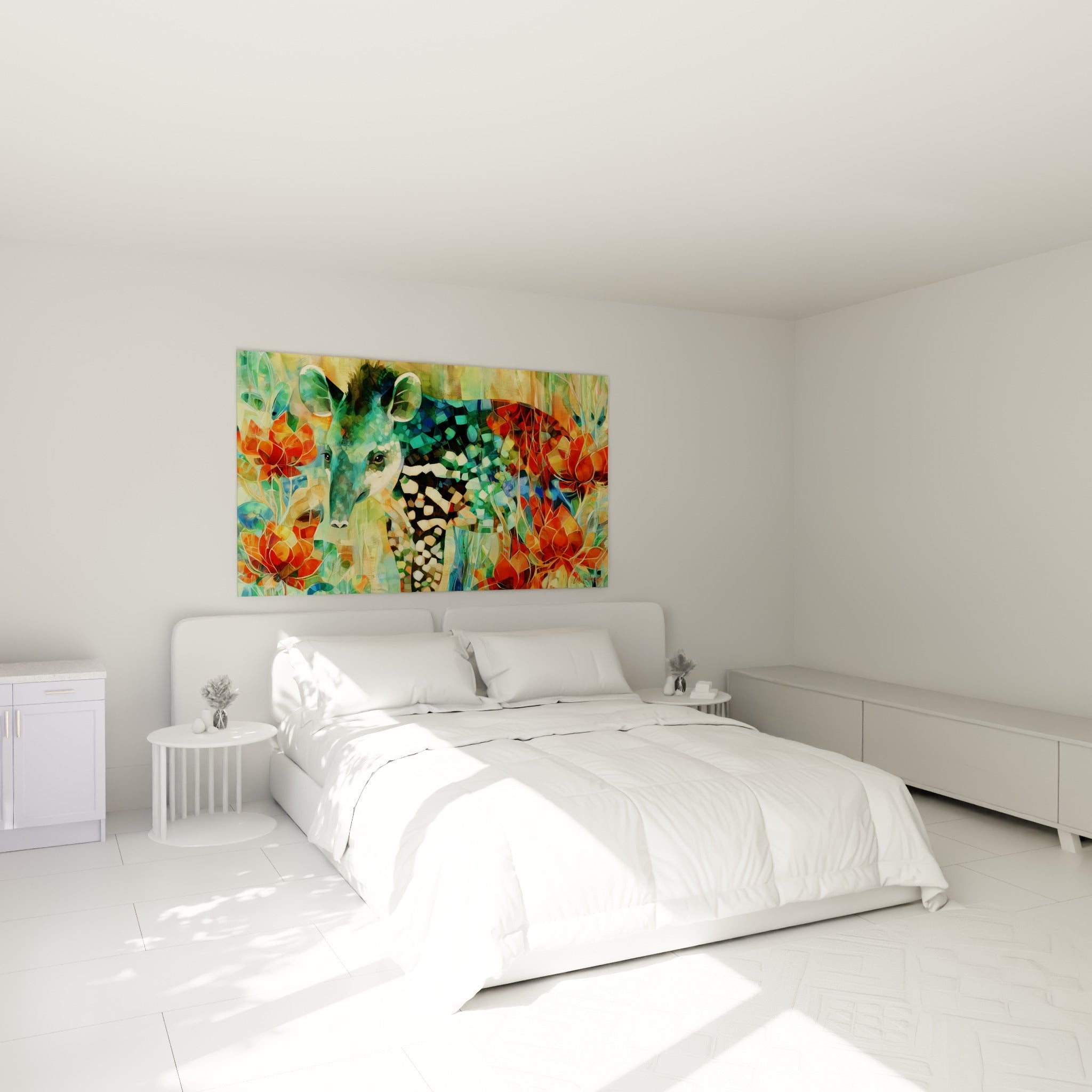 Fleurs orangées et tapir émeraude au-dessus d'un lit dans une chambre claire