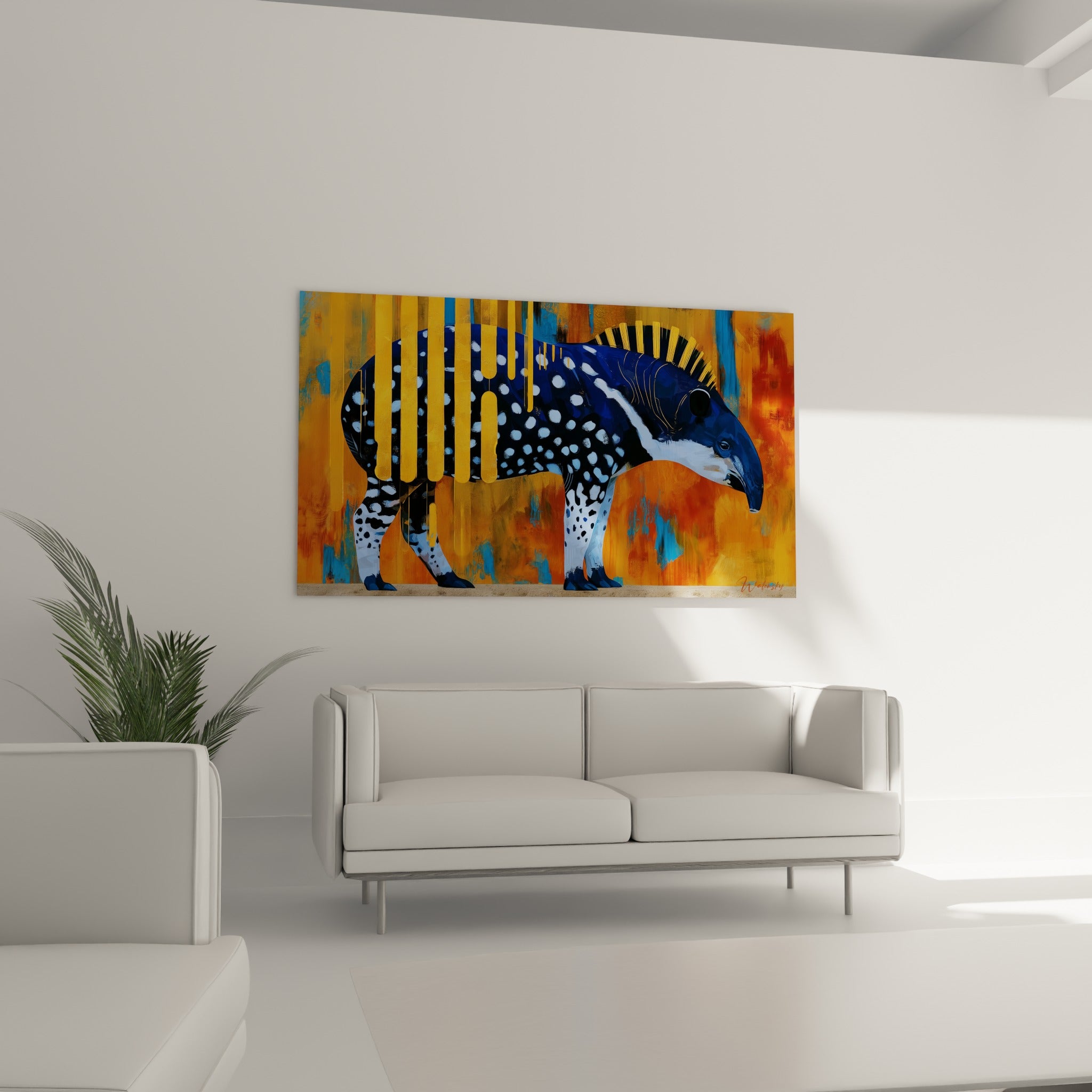 Profil animalier bleu marine et orange vif du tapir, suspendu au-dessus d'un canapé dans un salon lumineux