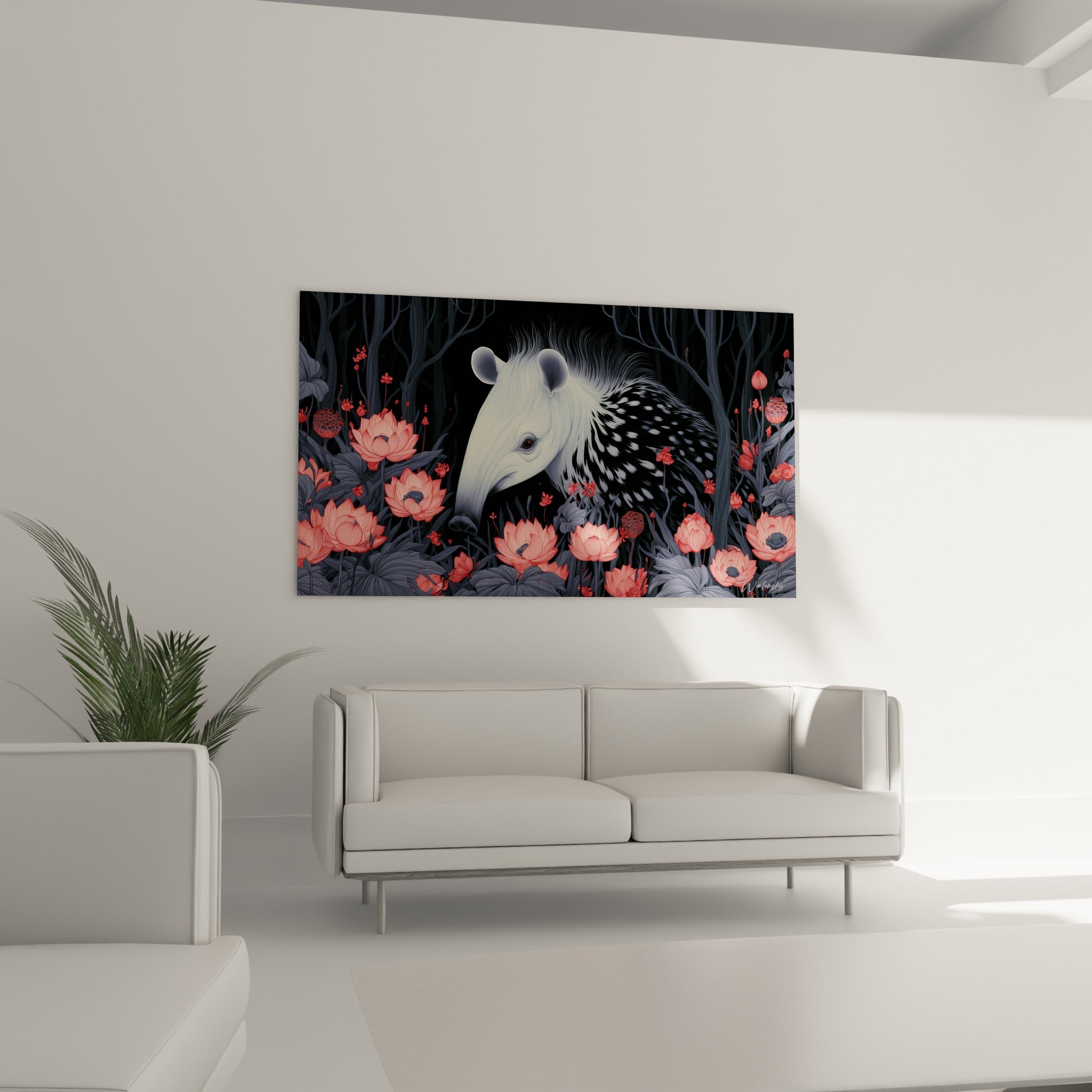 Museau du tapir illustré en blanc et corail, suspendu au-dessus d'un canapé dans un salon lumineux