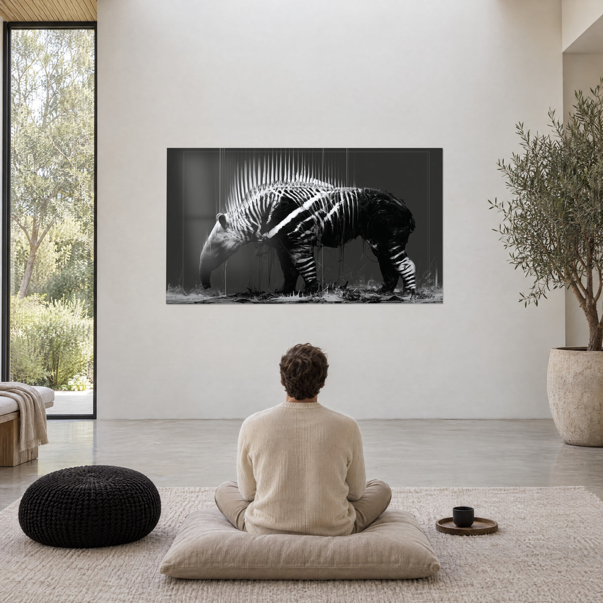 Tableau bête noire striée de blanc au museau baissé, éclaboussures grises au sol, contemplé par un homme de dos assis sur un coussin beige